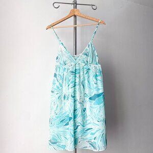 🌿 Turquoise Blue Sheer Midi Baby Doll Lingerie Dress w Floral Print